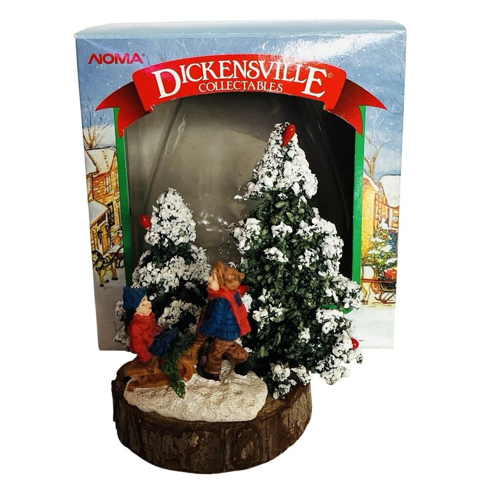 Dickensville Collectible Retired Noma Snow Cvrd Bottle Brush Tree Children Sled